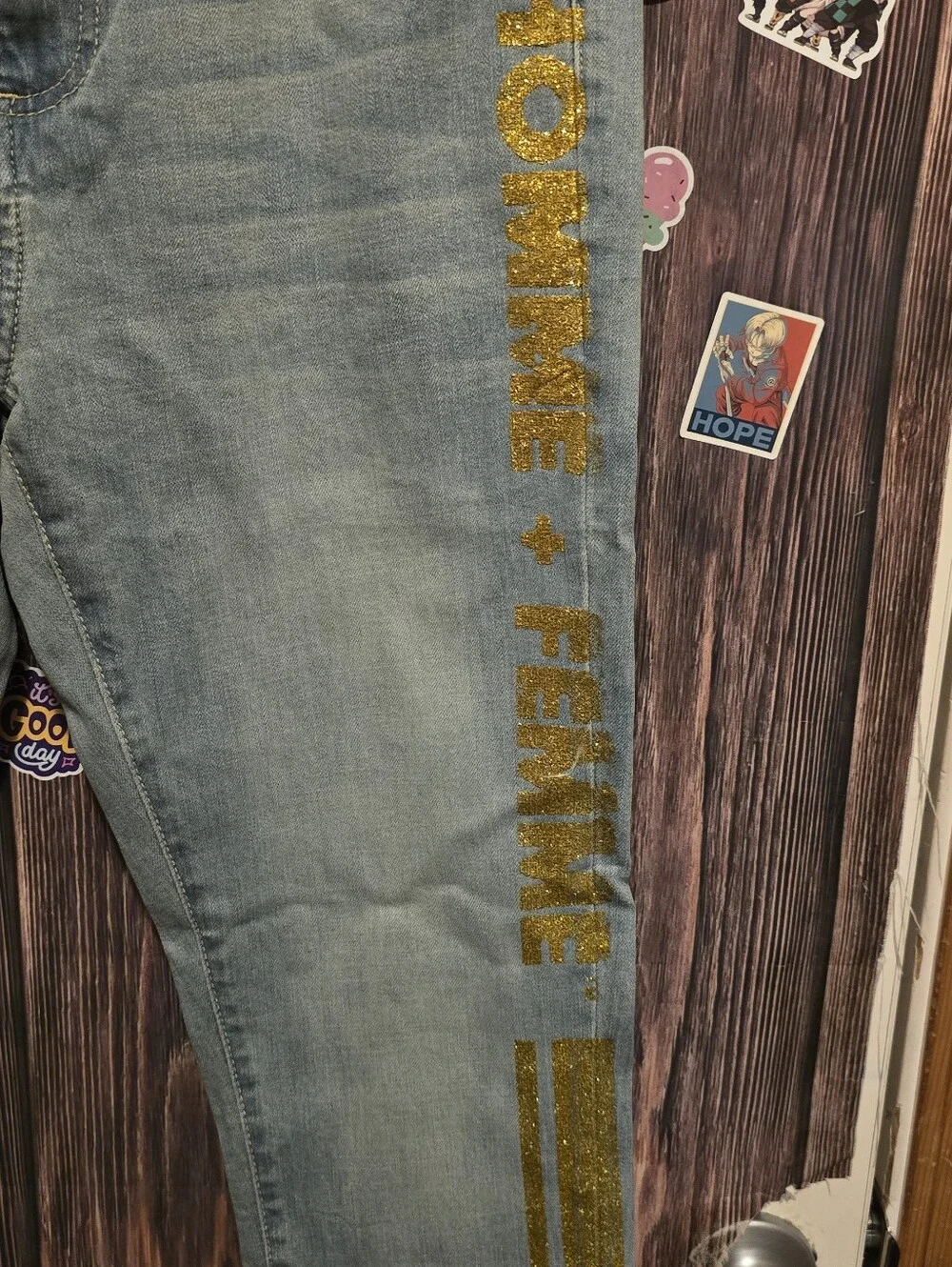 HOMME + FEMME Denim wear Light Wash Jeans with Gold Glitter Side Stripe